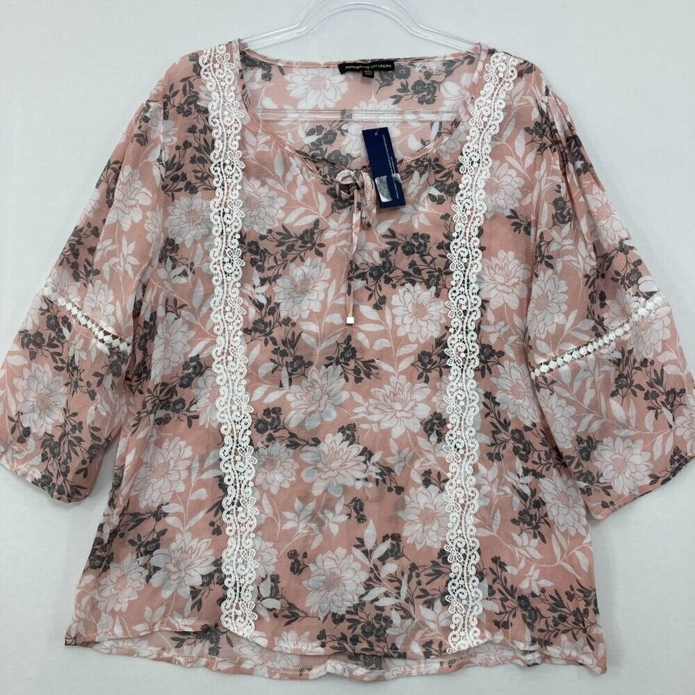 New Adrienne Vittadini XL Pink White Floral Lace Detail Tie Front Feminine Top